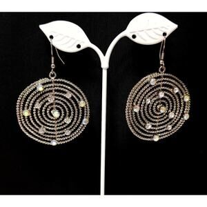 Vintage Rhinestone Silver Tone Spiral Drop Earrings, Aurora Borealis, 1980s